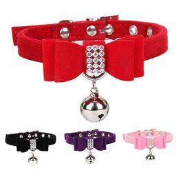 Dog Collars Leashes Adjustable Bow Custom Cat Collar Safety Soft Veet With Bell Engraving Puppy Kittens Necklace Drop Delivery Hom Dhqib