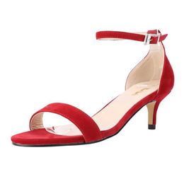 Dress Shoes Fashion Summer Womens Sandals Strap Med High Heels Shoes Open Toe Wedding Buckle Velvet Pumps Red 105-1VE H240521
