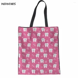 Shopping Bags INSTANTARTS Cute Cartoon Dentist Print Woman Pink Cotton Tote Fashion Folding Reusable Travel Beach Eco Bag