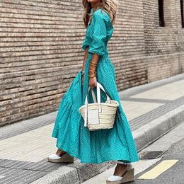 Casual Dresses 2024 Spring Vintage Geometry Pattern Print Maxi Dress Fashion Boho Long Sleeve Party High Street Beach Mujer