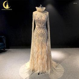 Party Dresses Rhine Pictures High Neck Zuhair Murad Long Sleeves Feather Crystal Vestido De Noiva Robe Soiree Arabic Evening