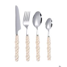 Flatware Sets Creativity Fashion Pearl Handle Cutlery Set Stainless Steel Knife Fork Western Steak Tableware Table Decor Gifts 4Pcs/Se Dhguz