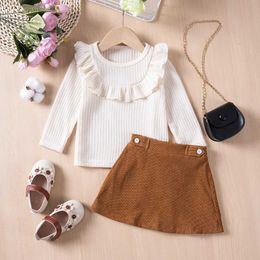 Clothing Sets Baby Girls Knitted Lace Ruffle Collar Long Sleeve Solid Color Base Layer Shirt + Skirt Two-piece Set For Spring And Autumn Y240520NTRE