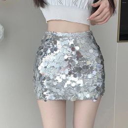 Skirts Shiny Silver Sequins Belly Dance Skirt For Women Korean Style Bodycon Mini Girls Rave Festival Club A Line Y2K