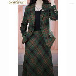 Work Dresses Skirt Set Women's 2024 Autumn/Winter Classic Plaid Woollen Coat High Waist Half Two Piece