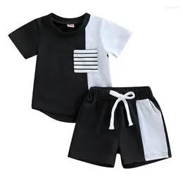 Clothing Sets Toddler Boys Summer Outfit Short Sleeve O Neck Contrast Colour Tops Drawstring Shorts With Pockets