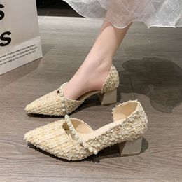 Designer High Heels Pointed Single Shoe Womens Thick 2024 Spring New Pearl Versatile Shallow Mouthed Gentle Fairy Style Side Air