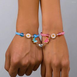 Charm Bracelets 2Pcs/Set Blue Pink Promise Friendship Couple Matching Bracelet Daisy Butterfly Heart Magnet Rope Valentine's Day Gifts