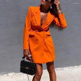 Casual Dresses 2024 Women Chic Orange Blazer Dress Pockets Double Breasted Long Sleeve Black Office Wear Solid Female Outerwear