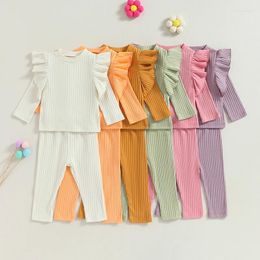 Clothing Sets Ruffle Long Sleeve Baby Girls Clothes Set Cute Solid Color Ribbed Tops Elastic Pants 2PCS Outfits For Infant Fall Suit