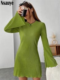 Casual Dresses Women Long Flare Sleeve O Neck Slim Party Mini For Elegant Pleated Office Ladies Sexy A-Line Dress