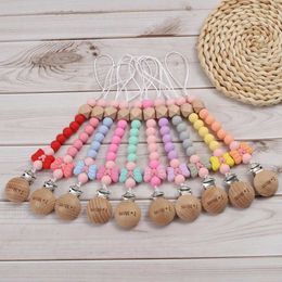 Pacifier Holders Clips# Beech wood round pacifier bracket clip cartoon bow silicone bead dental chain baby pacifier chain care chewing toy d240521