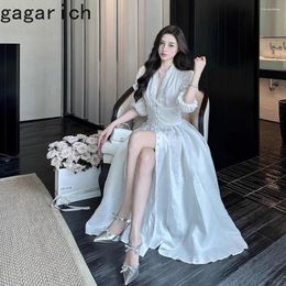 Casual Dresses Gagarich Korean Fashion Women Long Dress 2024 Vintage Court Style Big A-line White Fairy Temperament V Neck Vestidos