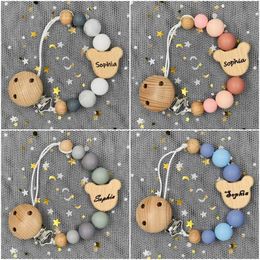 Pacifier Holders Clips# Customised Name Wooden Personalised Baby Nipple Chain Clip Silicone Beads Dummy Clip Name Teeth Pendant Newborn Gift d240521