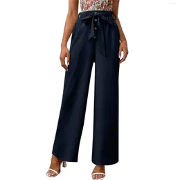 Women's Pants Cotton Linen Loose Drawstring Wide-Leg High Waist Trousers Women Solid Pocket Female Straight Plus Size