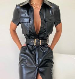 PU Leather Dress Women Short Sleeve Turn Down Collar Shirt Dress Sexy Belted Party Dresses Black Leather Vestidos Mujer2218892