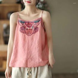 Women's Tanks Summer Womens Embroidered Flower Cotton And Linen Suspender Thin Vest Top