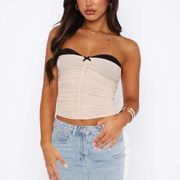 Women's Tanks Women Summer Tube Tops Contrast Color Camisole Stretchy Bandeau Mini Bow Front Ruched Tank Off Shoulder Top