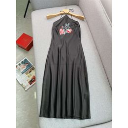 Summer Black Floral Embroidery Dress Halter Sleeveless Round Neck Backless Midi Casual Dresses R4W171765