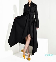 EAM Women Black Bandage Asymmetrical Shirt Dress New Turndown Collar Long Sleeve Loose Fit Fashion Spring Autumn8816390