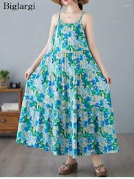 Casual Dresses Oversized Summer Flower Floral Sleeveless Slip Dress Women Ruffle Pleated Fashion Loose Ladies A-Line Woman Long