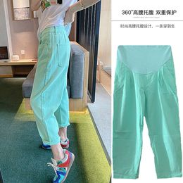 Green Pregnant Woman Summer Maternity Clothes High Waist Pregnancy Belly Trousers Plus Size Cotton Linen Cropped Pants L2405