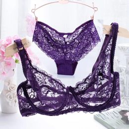 Bras Sets Femme Underwear Set Panties Push Up Bra Women Lace Embroidery Sexy 3/4 Cup Thin Transparent Panty