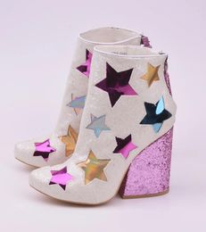 Boots Woman Shinning Glitter Chunky High Heels Ankle Ladies Cute Stars Patchwork Tassel Girls Pointed Toe Shoes