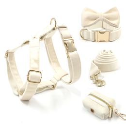 Cream Velvet Pet Collar for Small Medium Large Dogs Thicken Soft Padded Dog Harness Personalised Gold Buckles Luxury Harness Set 240518