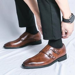 Casual Shoes Classic Leather For Men Slip On Pointed Toe Oxfords Double Tower Buckle Social Office Business Dress Male