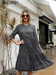 Casual Dresses Y2k Black O Neck Zipper Patchwork Pleats Distress Denim Vintage Three Quarter Sleeve Knee-length Maxi Dress For Women