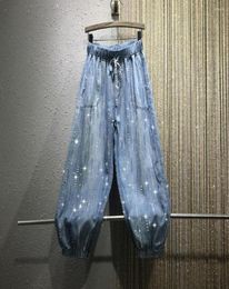 Women's Jeans Spring Autumn Women's Thin Coloured Diamond Rhines Loose Elastic Waist Girls Ladies Denim Harem Pants5923769