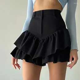 Skirts DEEPTOWN Black Mini Skirt Women Korean Fashion High Waist A-line Cute Sexy Layered Ruffles Shorts Summer Streetwear Casual
