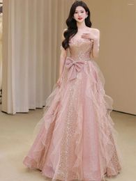 Party Dresses Shiny Pink Evening Dress Women Luxury Strapless Bow Glitter Princess Ball Gown Lady Engagement Banquet Sequin Formal