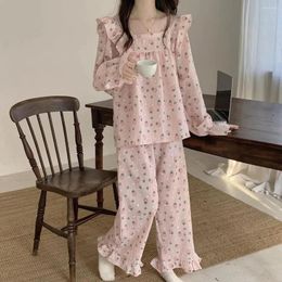 Women's Sleepwear Kroea Style Pyjama Set Long Sleeve Sweet Strawberry Print Ladies 2 Pcs Square Collar Pijama Suit For Female