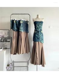 Work Dresses Women's Denim Skirt Sets Suit Vintage Off Shoulder Lace-up Crop Top And A-Line Long Skirts Y2k 90s Korean Elegant 2000s Clothes