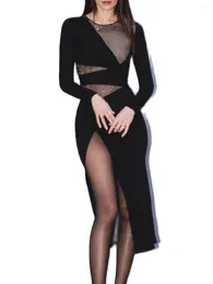 Casual Dresses High Fashion Women Sexy O Neck Long Sleeve Black Midi Bodycon Bandage Vestidos Elegant Party Stage Performance Dress