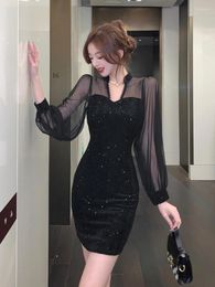 Casual Dresses Fashion Lady Black Sparkly Sequin Evening Dress Women Clothing Sheer Chic Sexy V-Neck Slim Short Party Prom Club Vestidos