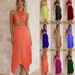 Work Dresses Sexy Women's Long Fashion Solid Pleated Skirt Strapless Camisole Two Piece Set Vacation Party Clothing Women Y2k Sets
