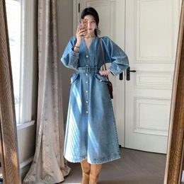 Casual Dresses Denim For Women 2024 Autumn V-Neck Elegant Single Breasted Fashion Lace-up Robe Versatile A-line Long Dress Q654