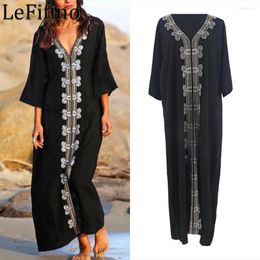 Summer Fashion Artificial Cotton Embroidered Long Skirt Loose Fit Dress Beach Vacation Robe Sunscreen Coat Bikini Cover Up Women