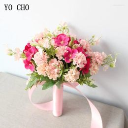 Wedding Flowers YO CHO Bride Bouquet Flower Pink Artificial Silk Rose Fortune Ball Begonia Bouquets Bridesmaid
