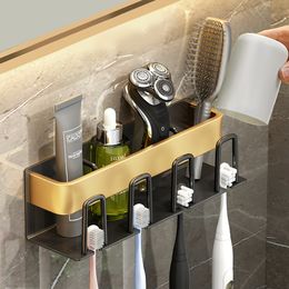 Toothbrush Holder Space Saving Accessories Bathroom Household Shelf Toothpaste Rack Punch Free Wall Mounted Aluminium Alloy