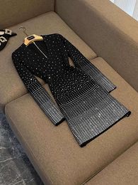 Spring Black Hot Drilling Knitted Mini Dress Long Sleeve V-Neck Gradient Colour Short Casual Pencil Dresses O3O072700