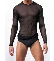 Sexy Mens Transparent Sheer Mesh Underwear See Through Long Sleeve T shirt Tops Undershirt Fitness Casual Solid Blusas4444471