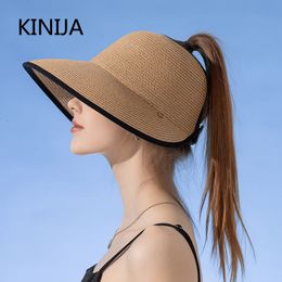 Women Roll Up Sun Visor Wide Brim Straw Hat Summer Hollow Out Dreathable UV Protection Cap for Beach Travel Bonnet Wholesale 240521