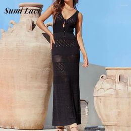 Casual Dresses Elegant Deep V-neck Sleeveless Sunwear Dress Women Fashion Hollow Out Knitted Long Summer Solid Slim Beach