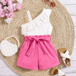 Clothing Sets FOCUSNORM Summer Kids Girls Clothes 4-7Y Ruffles One Shoulder Solid Tank Tops And Elastic Shorts With Belt