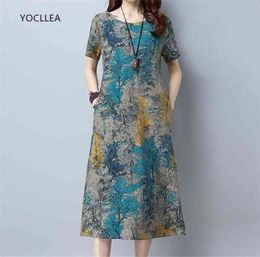 Cotton Linen Summer Dress Women Loose Plus size Casual Dress OL work Wear vintage Print beach Sundress dresses vestidos 2103233713663