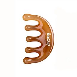 1pc Yellow/Green 5-Tooth Meridian Massage Comb, Resin Large-Tooth Head Massage Tool, 5-Paw Half Round Shap Comb